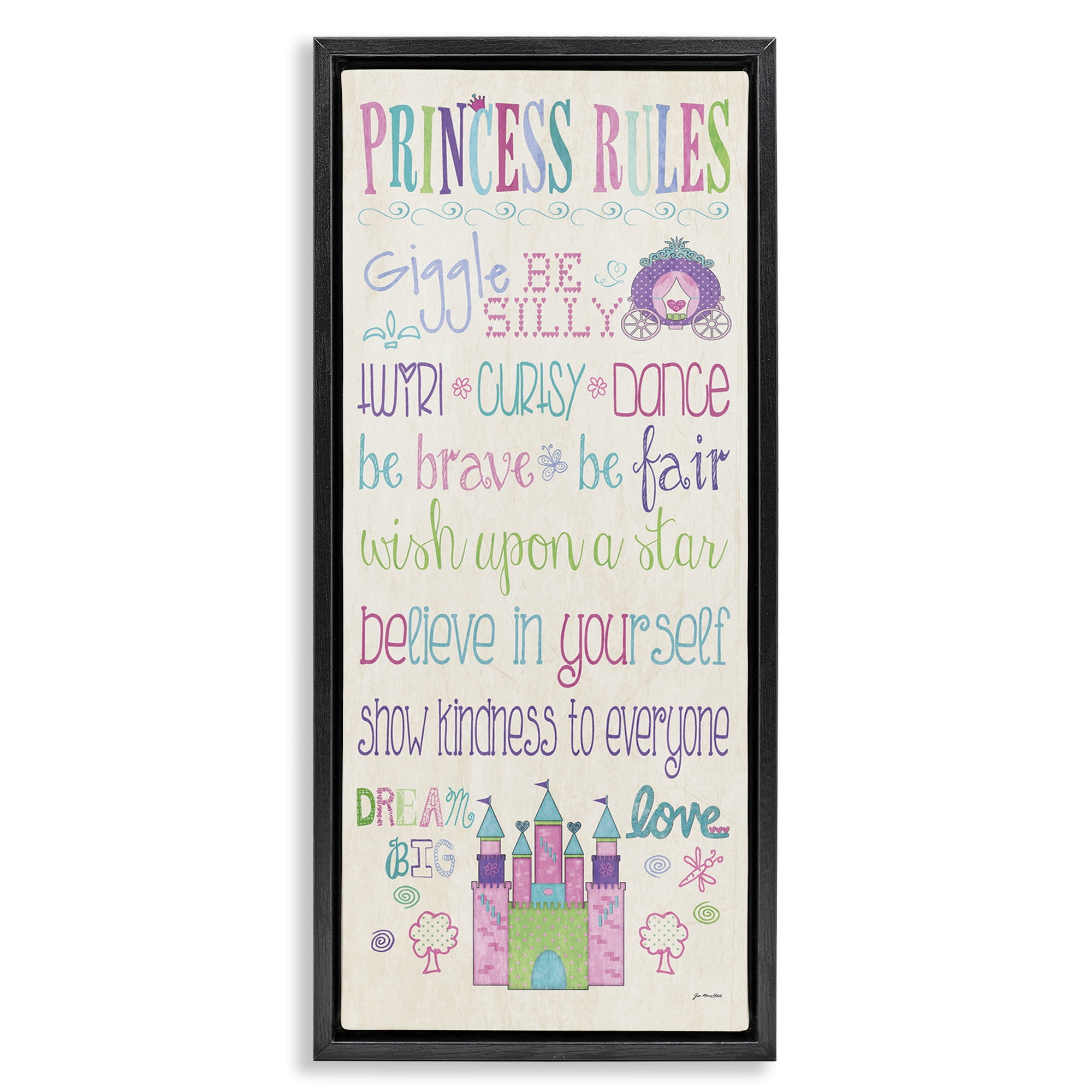 Stupell Industries Princess Rules With Castle & Carriage Art for Kids Painting Black Floater Framed Canvas Art Print Wall Art, 11 x 25