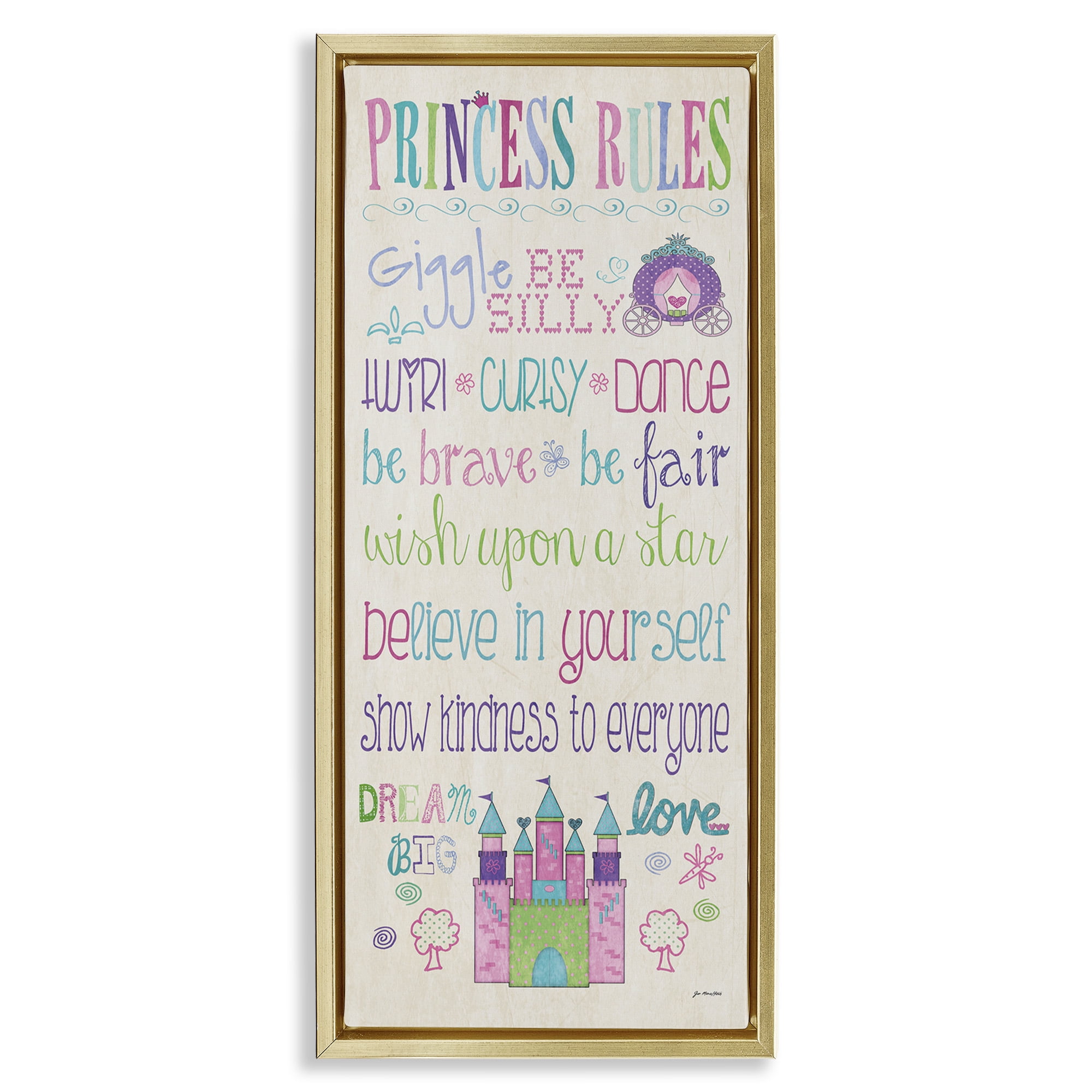 Stupell Industries Princess Rules With Castle & Carriage Art for Kids Painting Gold Floater Framed Canvas Art Print Wall Art, 15 x 31