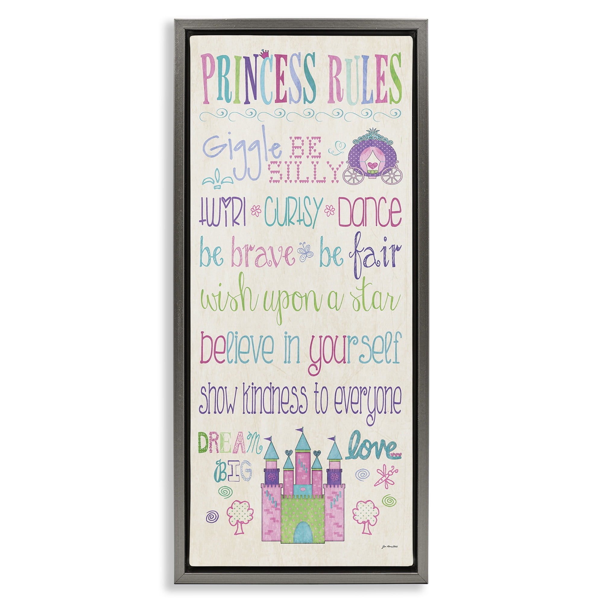 Stupell Industries Princess Rules With Castle & Carriage Art for Kids Painting Gray Floater Framed Canvas Art Print Wall Art, 11 x 25