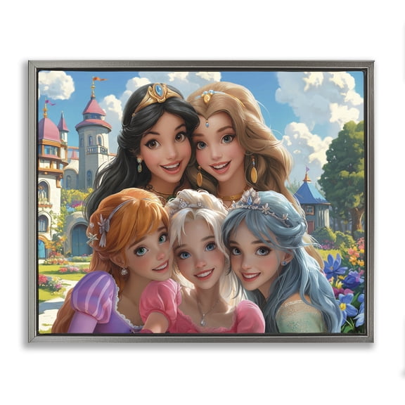 Stupell Industries Princess Selfie by Castle People Painting Gray Floater Framed Canvas Art Print Wall Art, 21 x 17