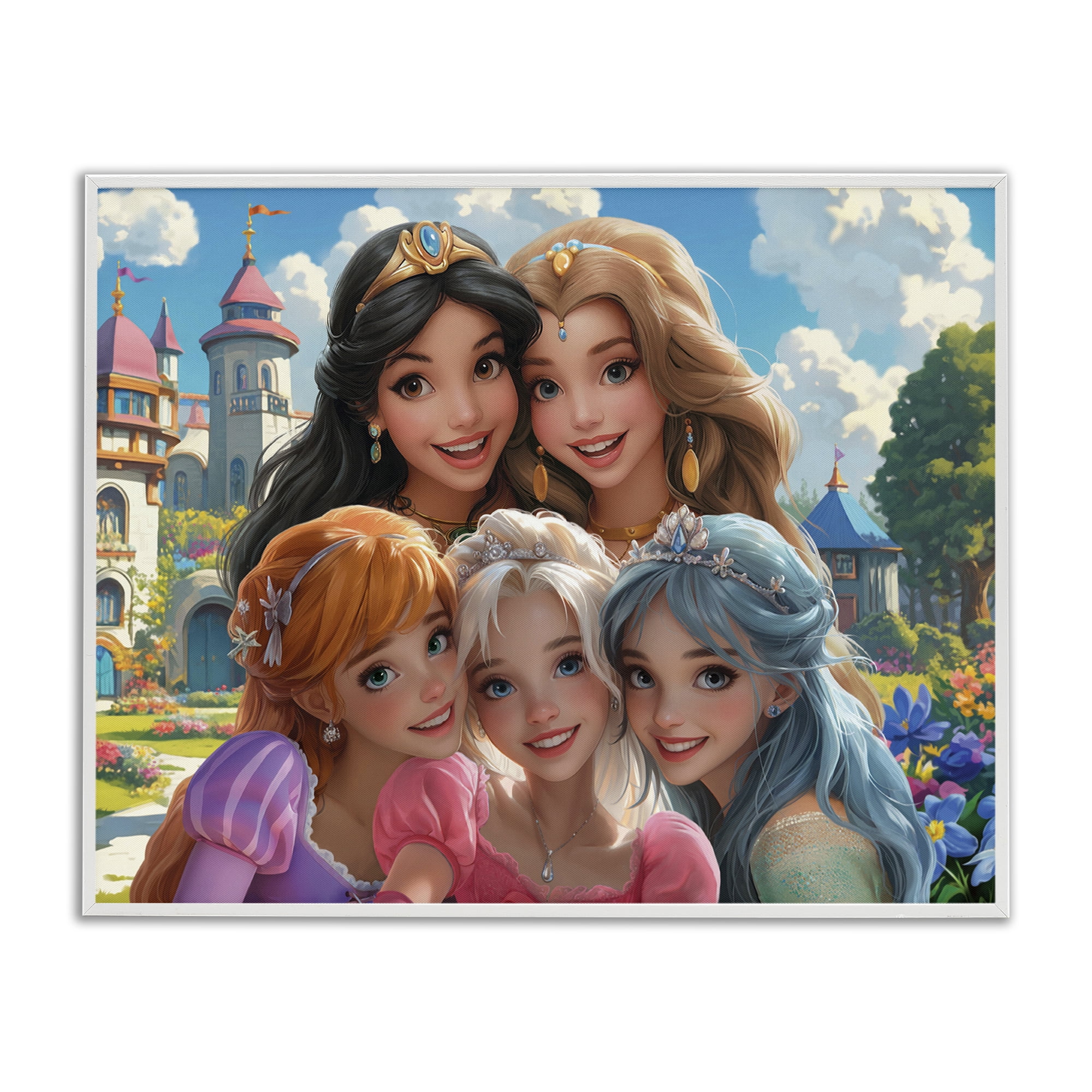 Stupell Industries Princess Selfie by Castle People Painting White Framed Art Print Wall Art, 20 x 16