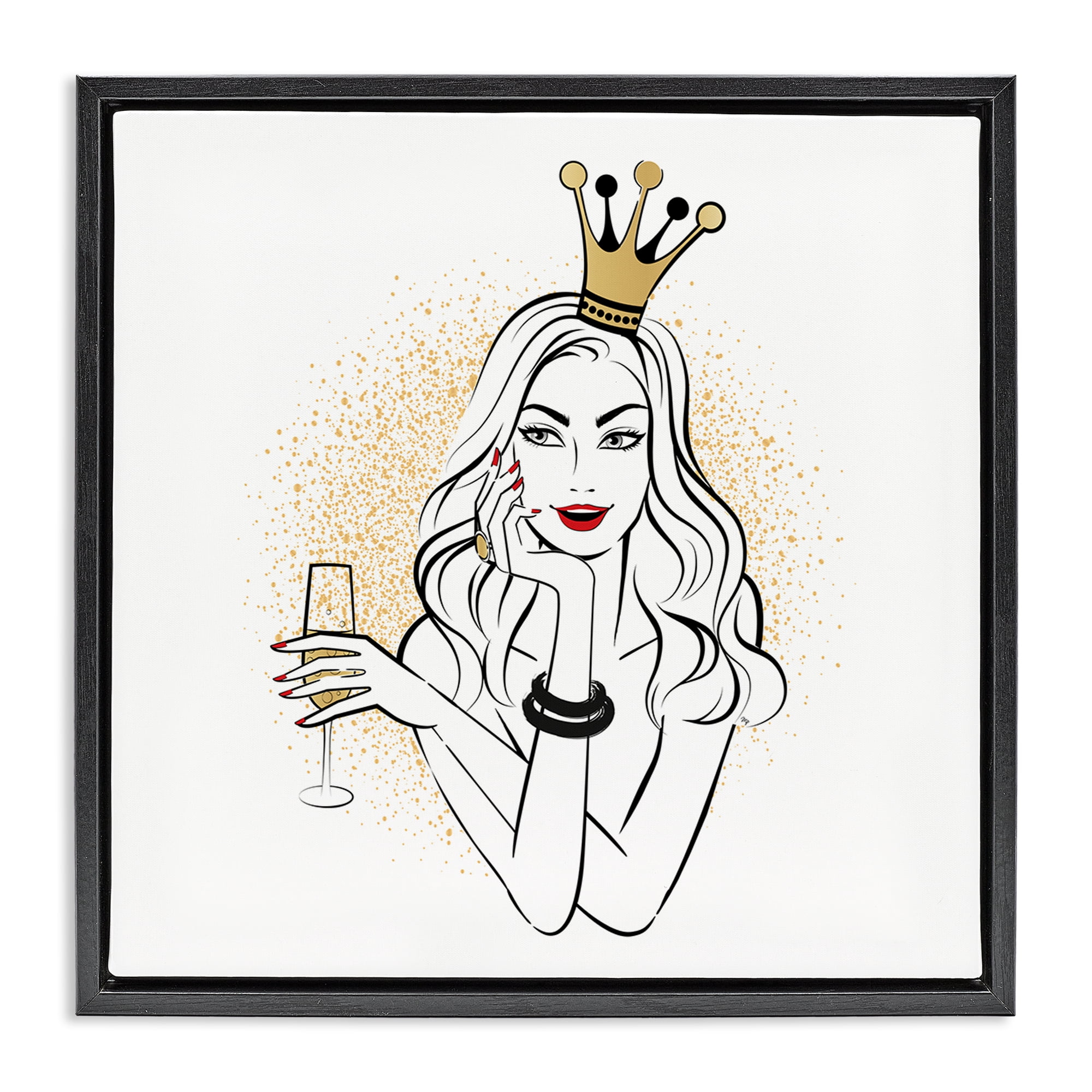 Stupell Industries Princess with Champagne Novelty Painting Black Floater Framed Art Print Wall Art, 18 x 18