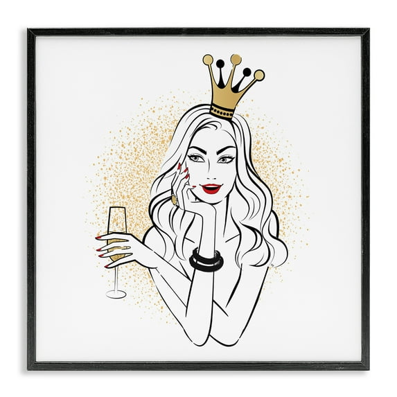Stupell Industries Princess with Champagne Novelty Painting Black Framed Art Print Wall Art, 12 x 12