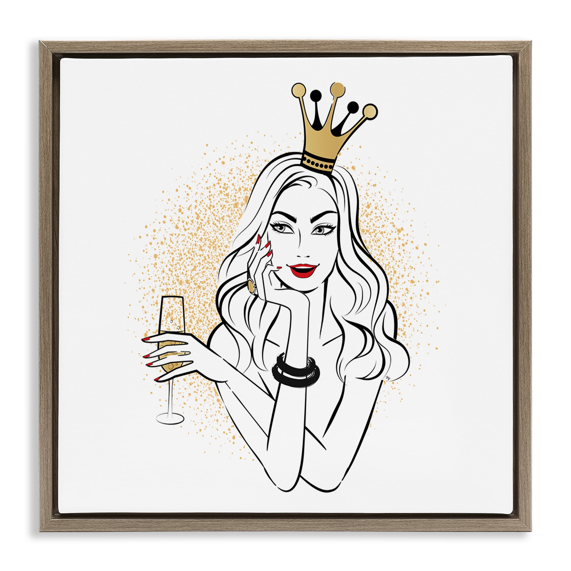 Stupell Industries Princess with Champagne Novelty Painting Brown Floater Framed Art Print Wall Art, 18 x 18