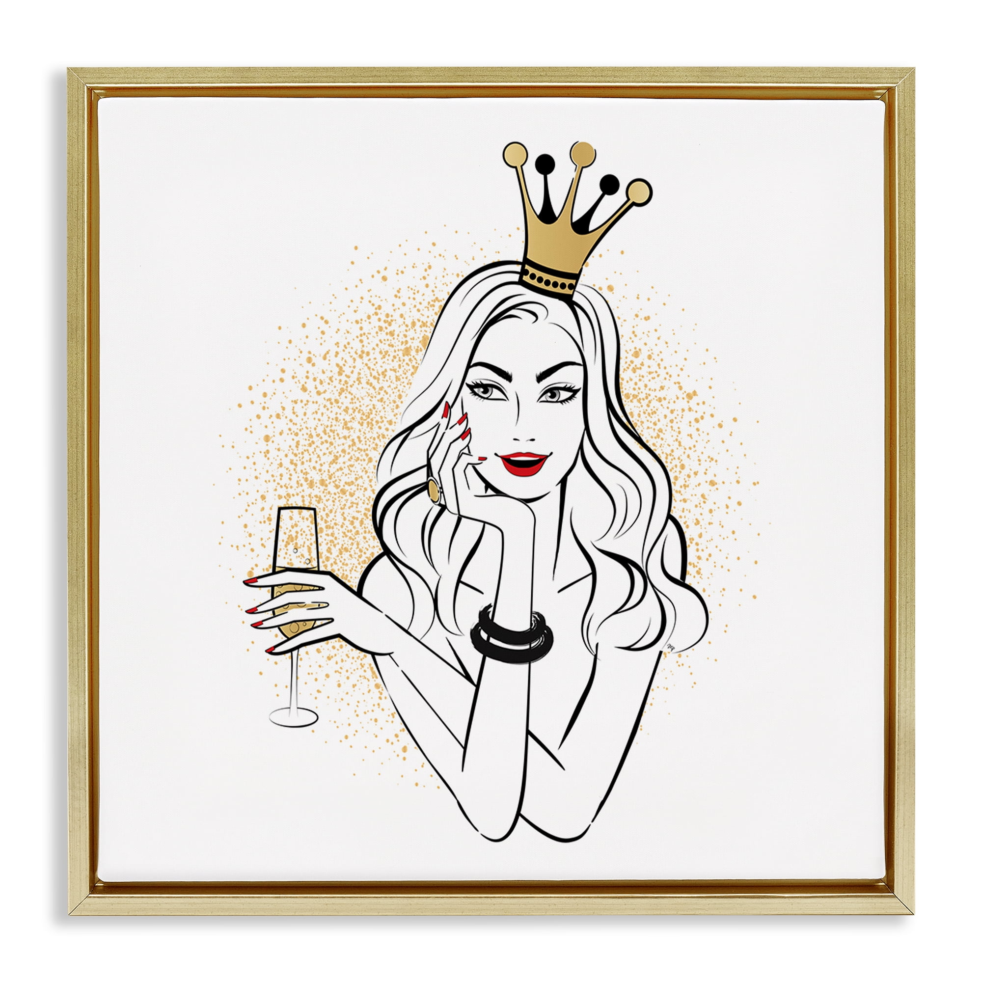 Stupell Industries Princess with Champagne Novelty Painting Gold Floater Framed Art Print Wall Art, 18 x 18