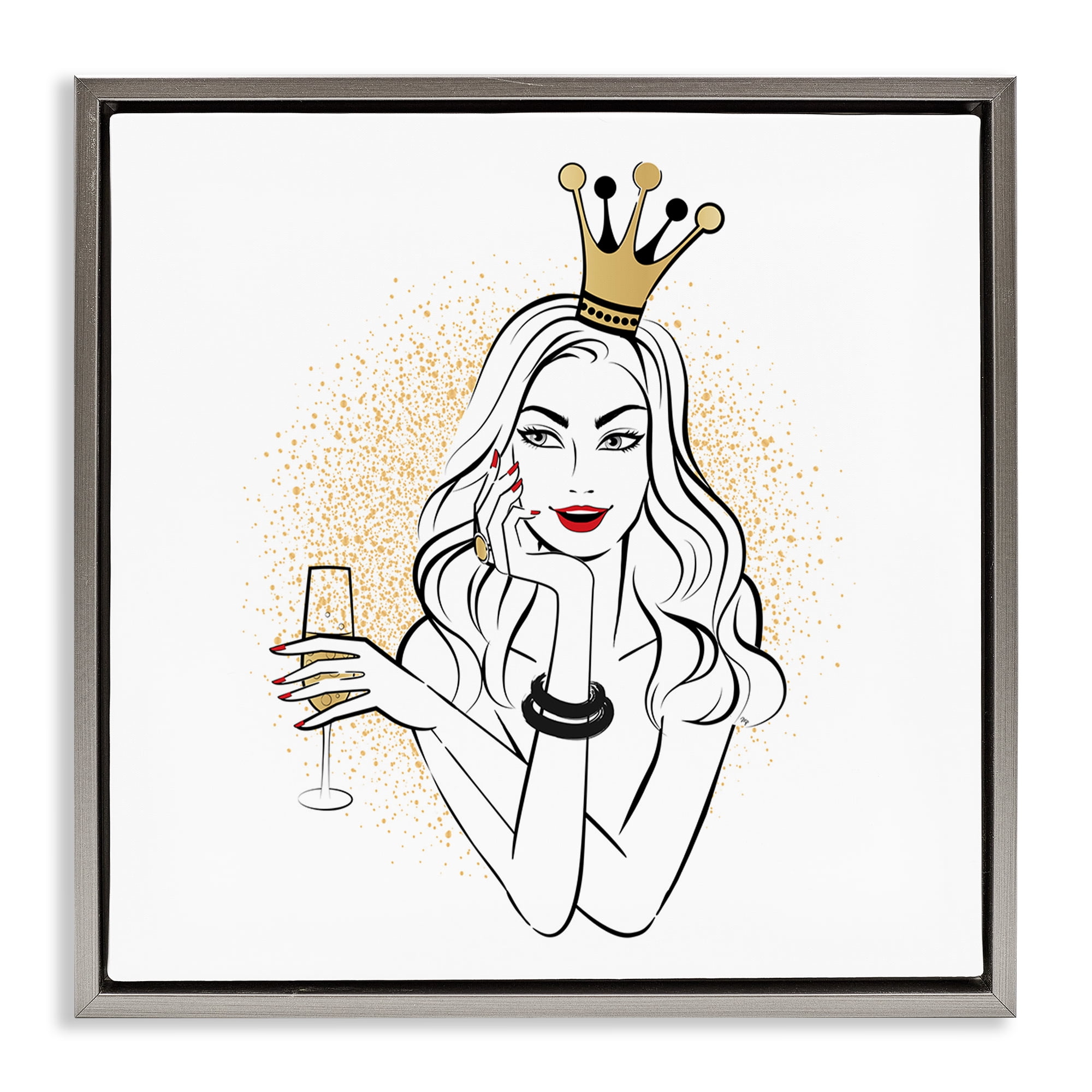 Stupell Industries Princess with Champagne Novelty Painting Gray Floater Framed Art Print Wall Art, 25 x 25