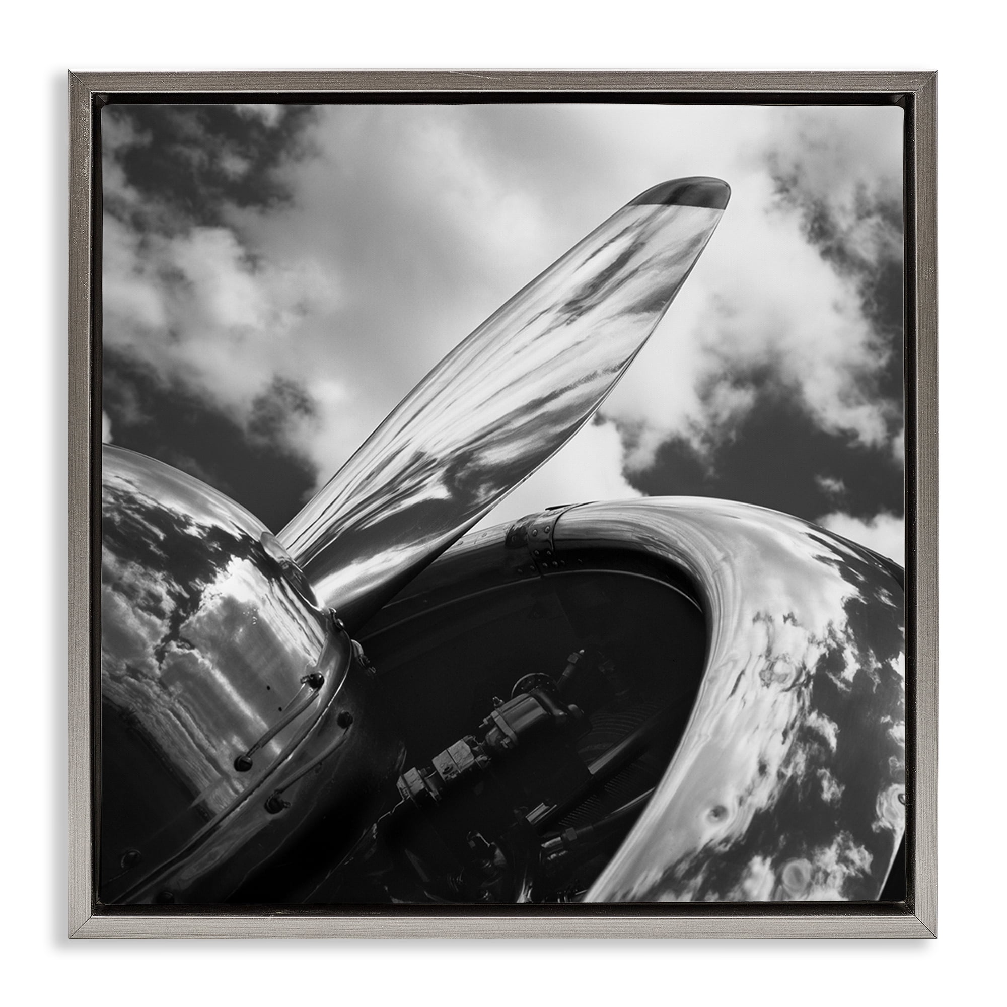 Stupell Industries Propeller with Cloud Reflection Transportation Photography Gray Floater Framed Canvas Art Print Wall Art, 18 x 18