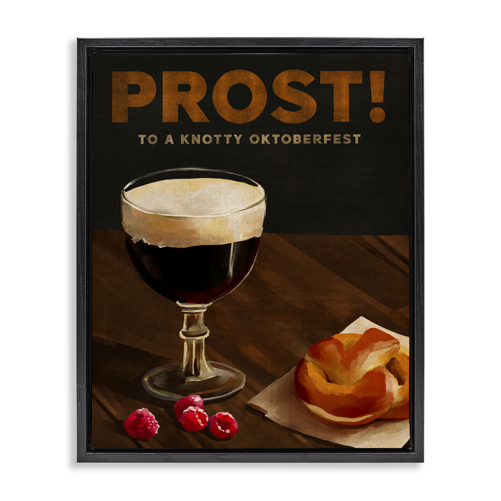 Stupell Industries Prost Beer & Pretzel Food & Beverage Painting Black Floater Framed Canvas Art Print Wall Art, 17 x 21