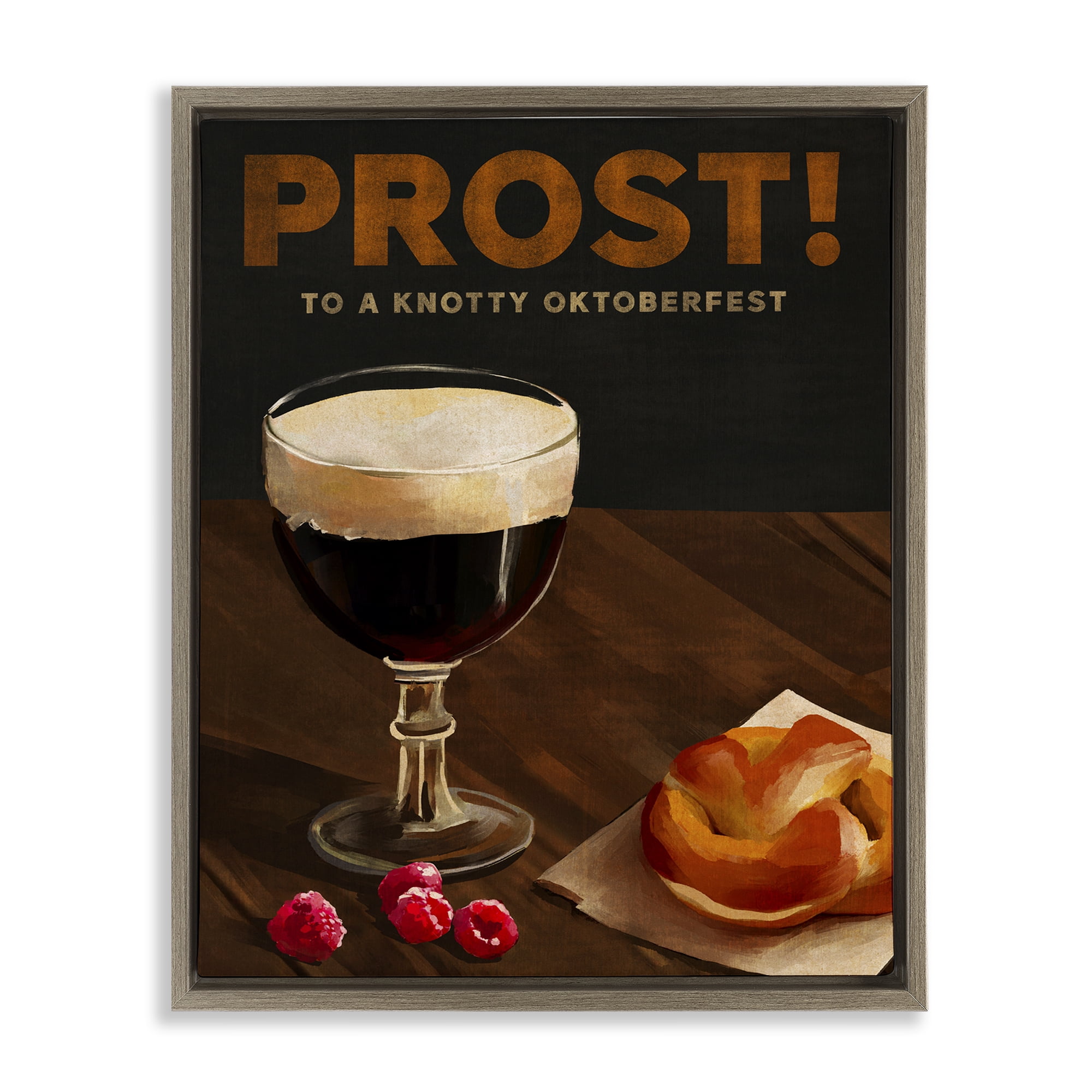 Stupell Industries Prost Beer & Pretzel Food & Beverage Painting Brown Floater Framed Canvas Art Print Wall Art, 17 x 21