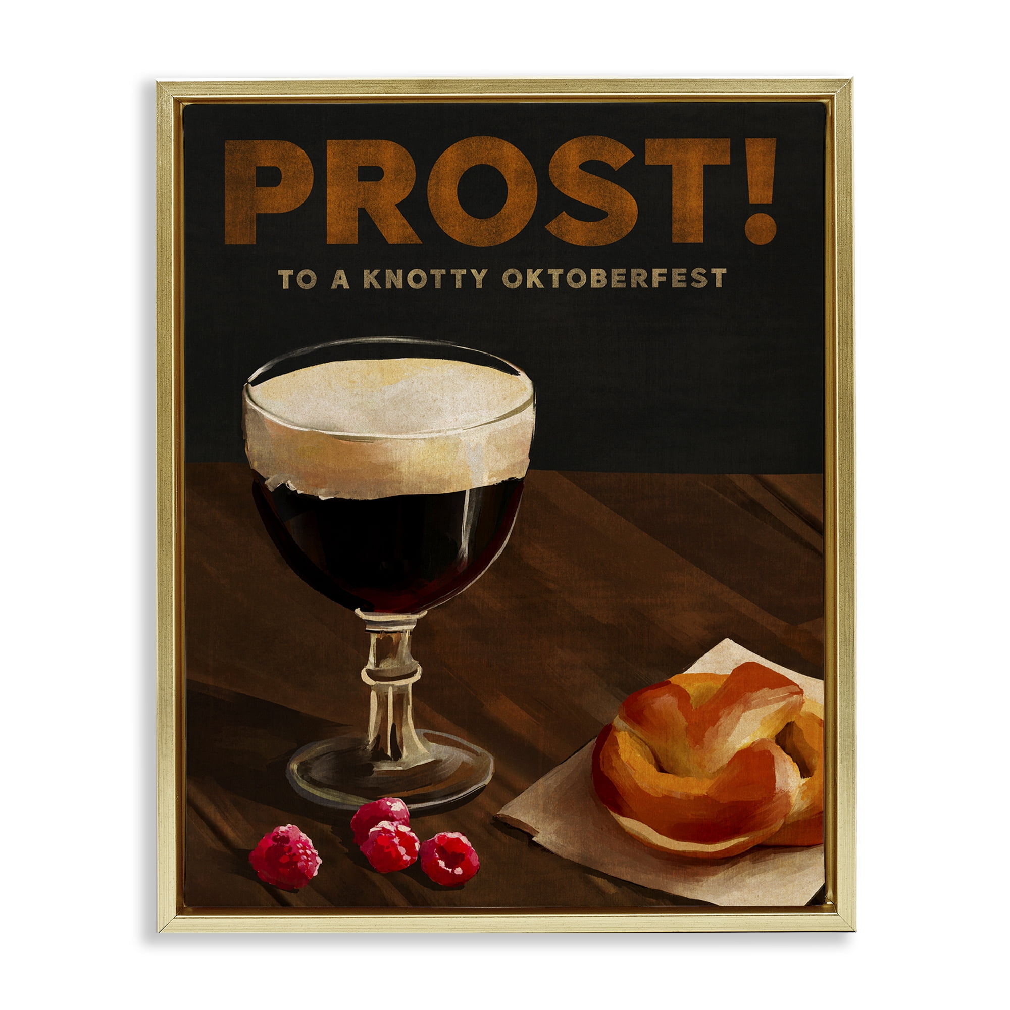Stupell Industries Prost Beer & Pretzel Food & Beverage Painting Gold Floater Framed Canvas Art Print Wall Art, 17 x 21