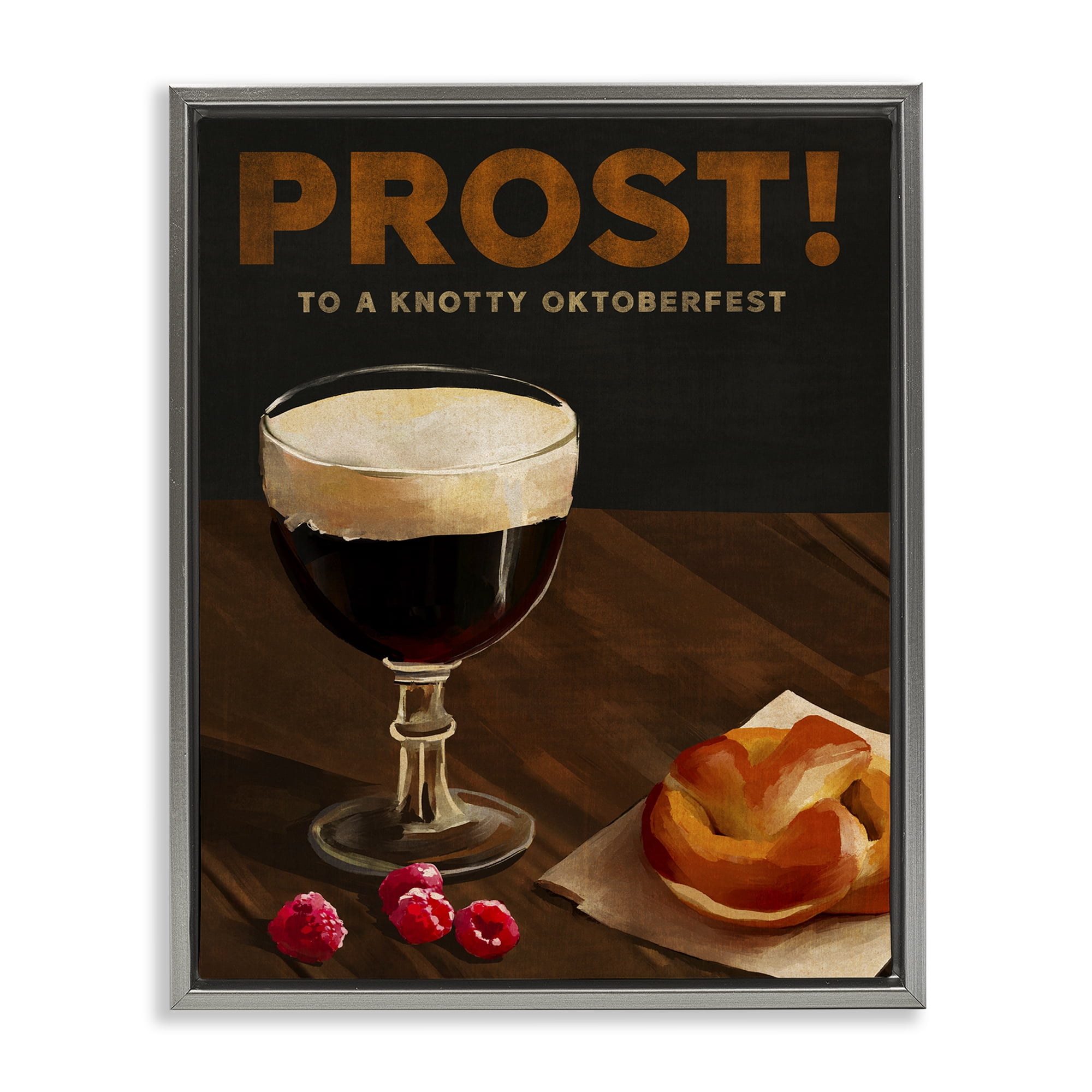 Stupell Industries Prost Beer & Pretzel Food & Beverage Painting Gray Floater Framed Canvas Art Print Wall Art, 17 x 21