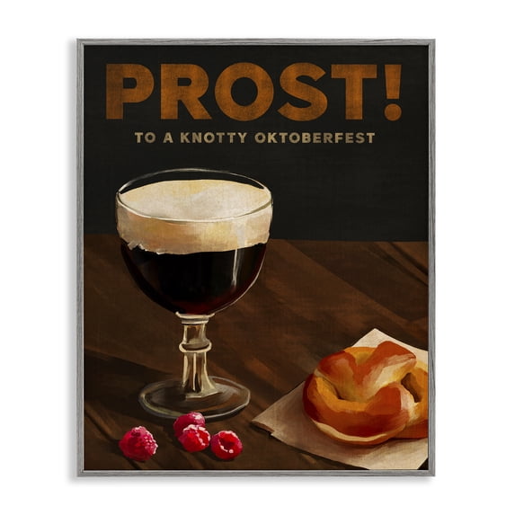 Stupell Industries Prost Beer & Pretzel Food & Beverage Painting Gray Framed Art Print Wall Art, 11 x 14