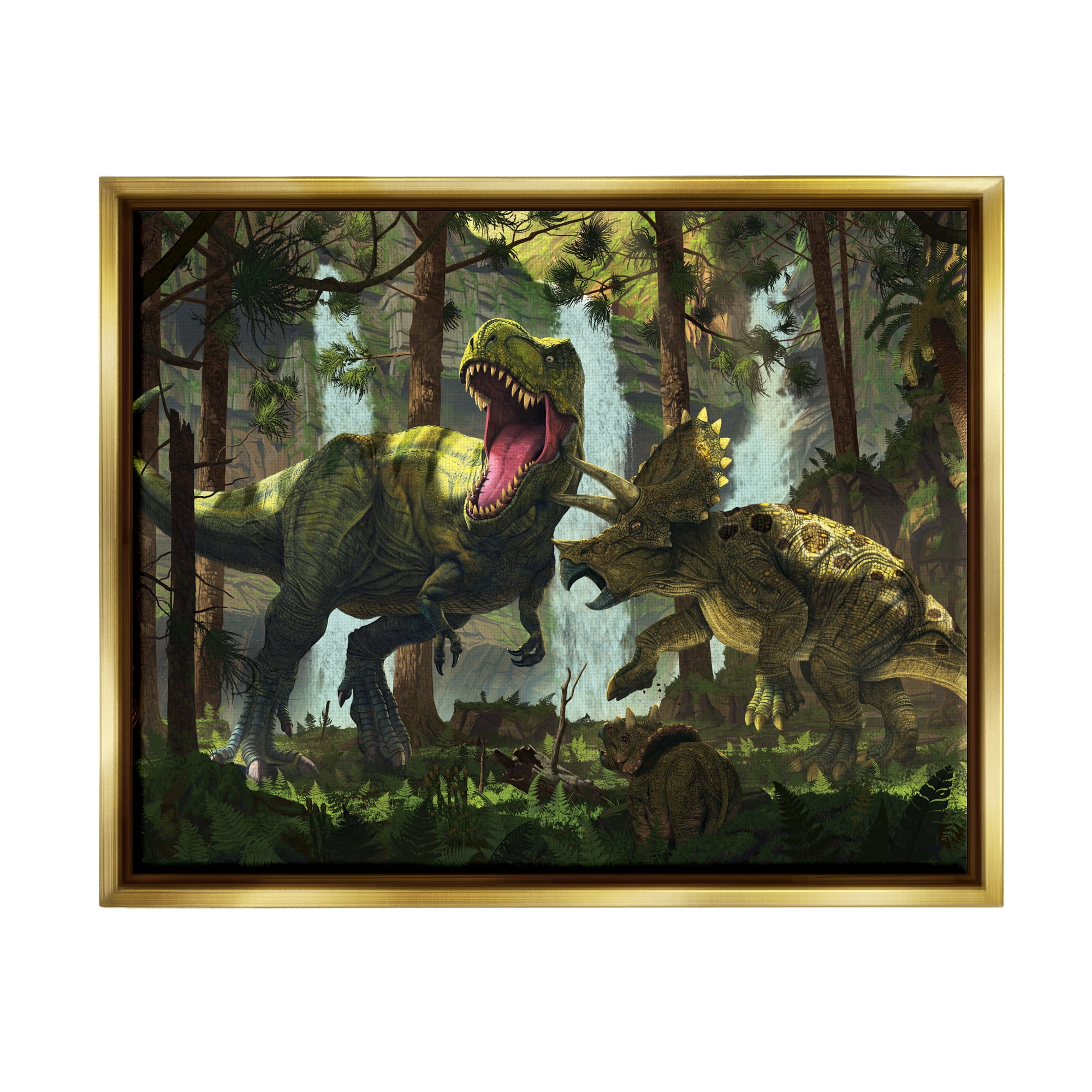 Stupell Industries Protection Dinosaurs Landscape Animals & Insects Painting Gold Floater Framed Canvas Art Print Wall Art, 21 x 17