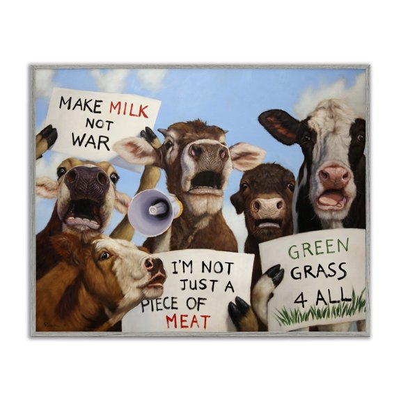 Stupell Industries Eclectic Protesting Cows Funny Country Farm Cattle Animal Equality Gray Framed Giclee Art, 14 x 11, by Lucia Heffernan