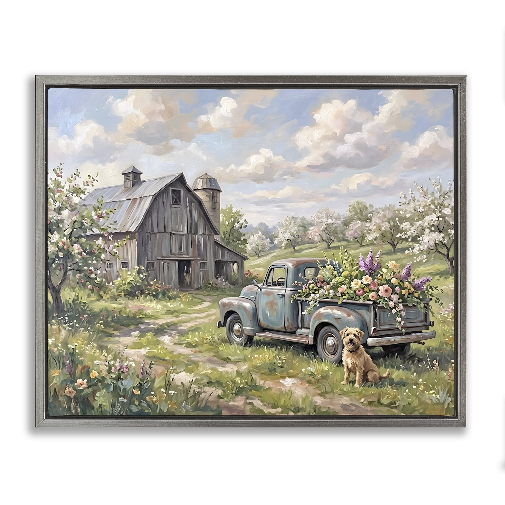 Stupell Industries Proud Dog by Truckload of Flowers Gray Framed Floater Canvas Wall Art, design by Tabz Jones