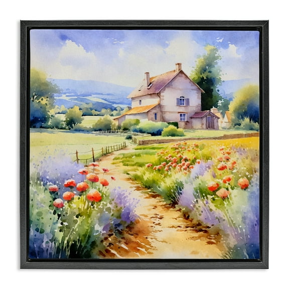 Stupell Industries Provence Cottage Gardens Landscape & Nature Painting Black Floater Framed Canvas Art Print Wall Art, 18 x 18