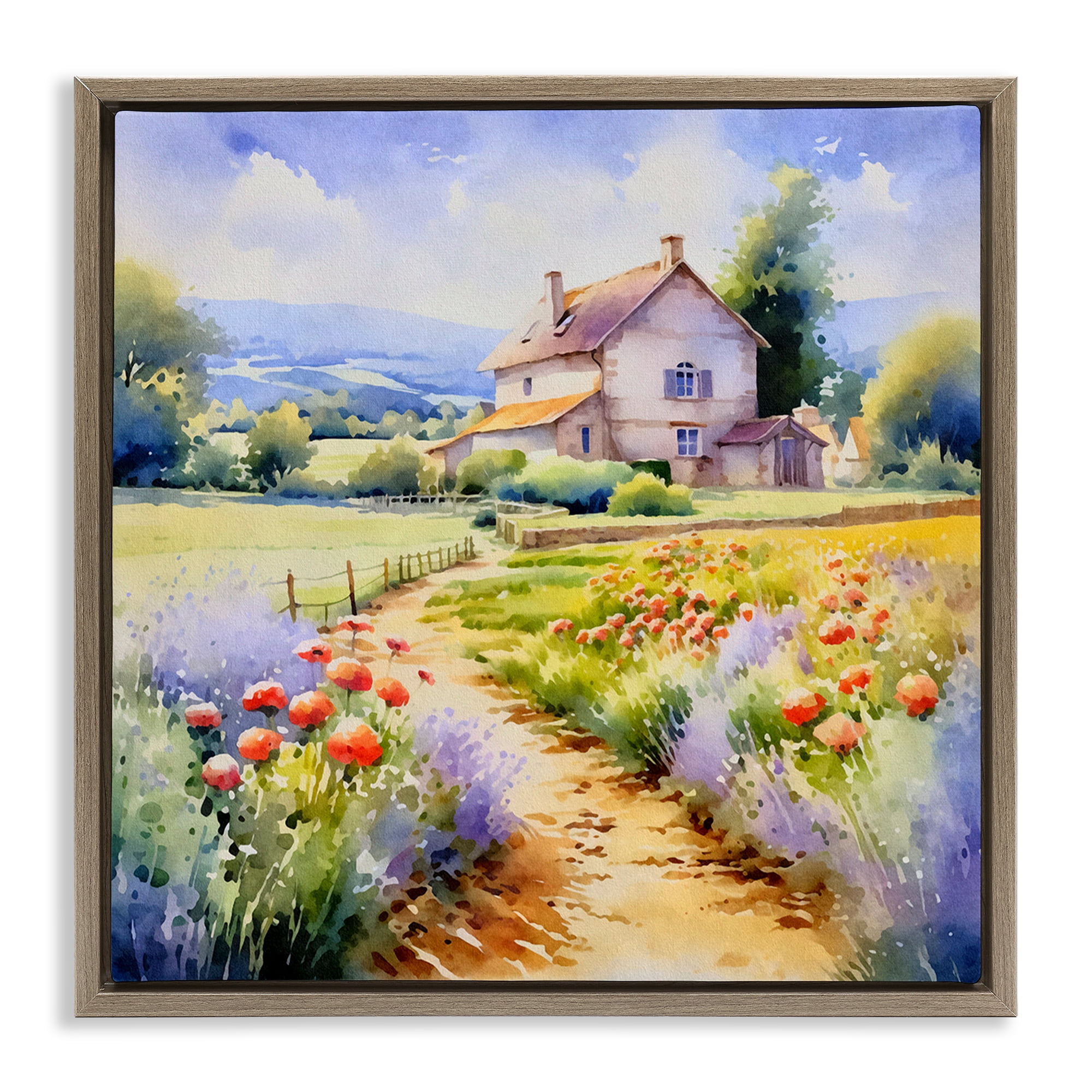 Stupell Industries Provence Cottage Gardens Landscape & Nature Painting Brown Floater Framed Canvas Art Print Wall Art, 18 x 18