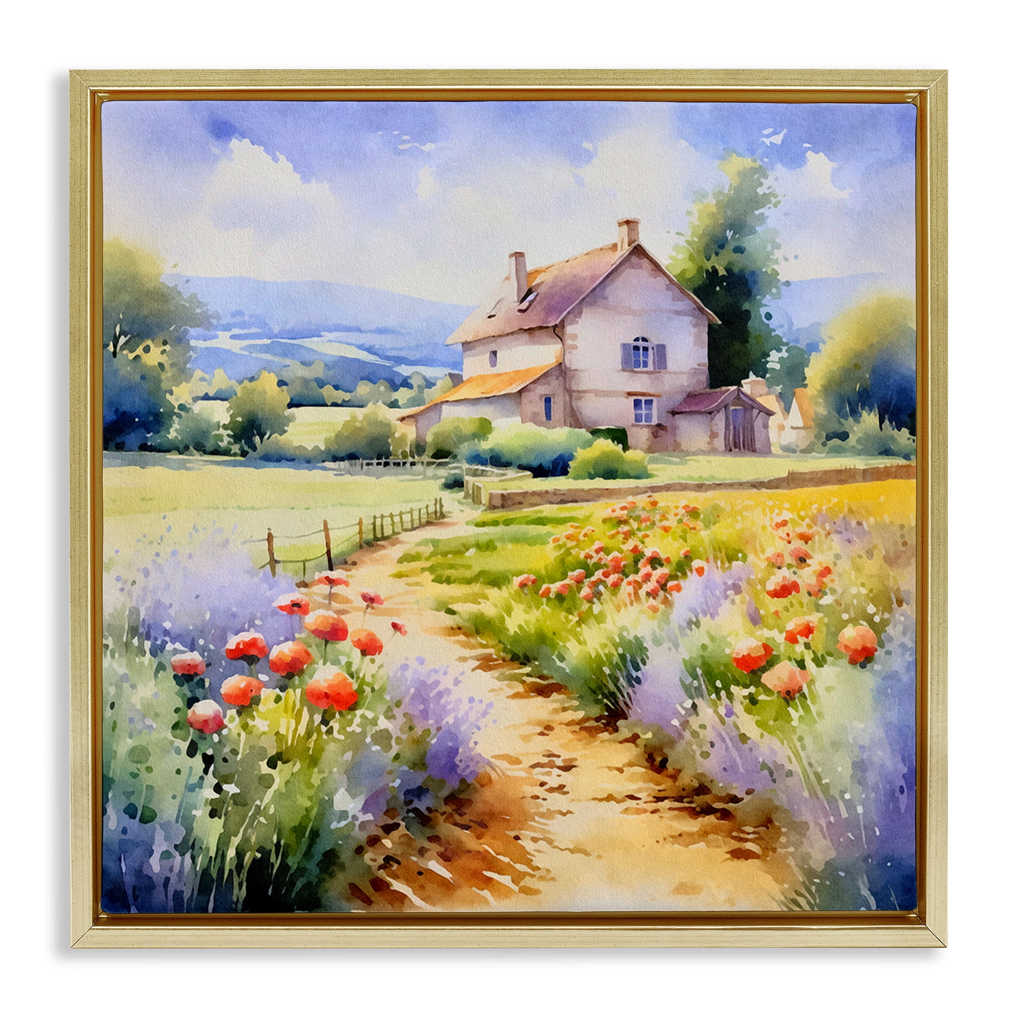Stupell Industries Provence Cottage Gardens Landscape & Nature Painting Gold Floater Framed Canvas Art Print Wall Art, 18 x 18