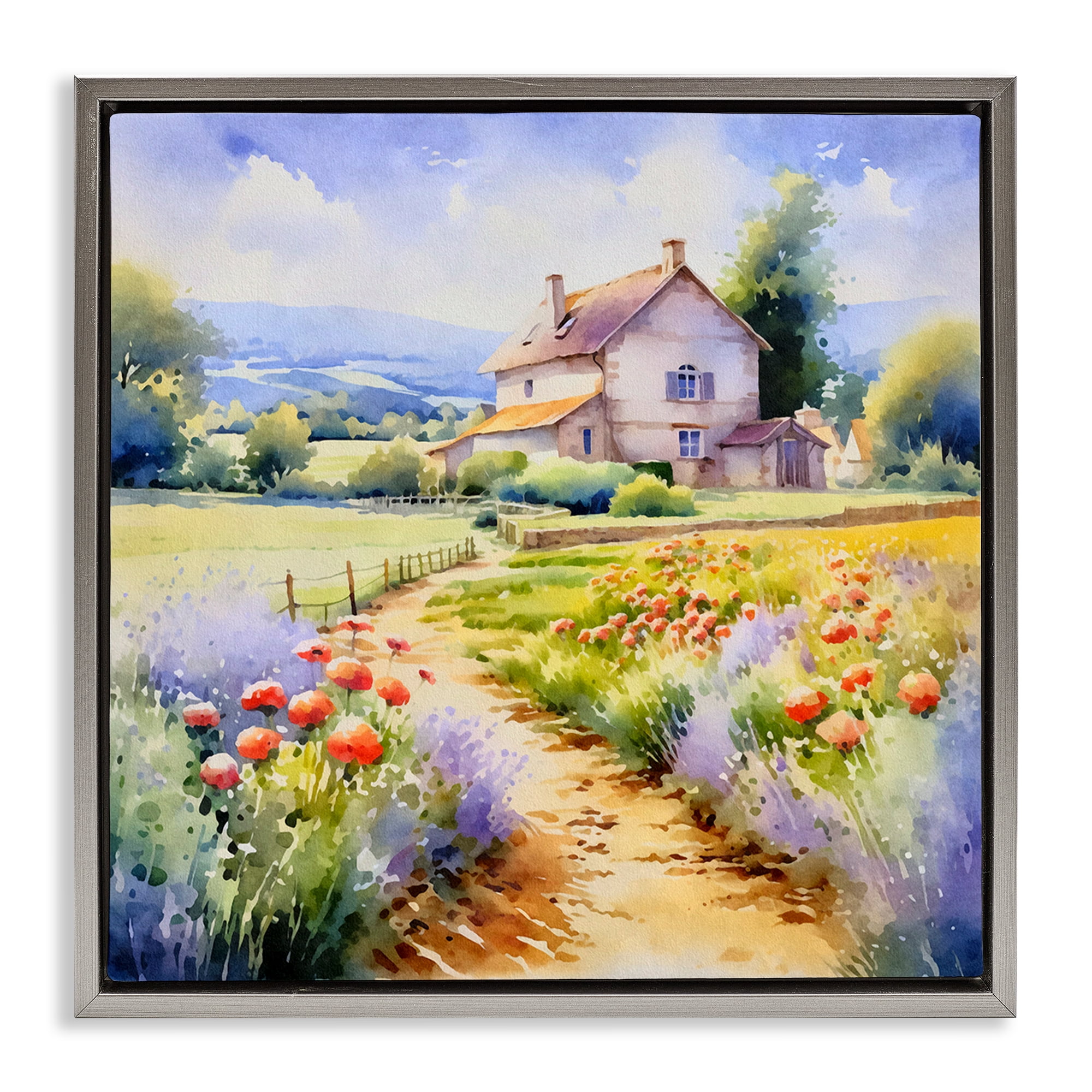 Stupell Industries Provence Cottage Gardens Landscape & Nature Painting Gray Floater Framed Canvas Art Print Wall Art, 25 x 25