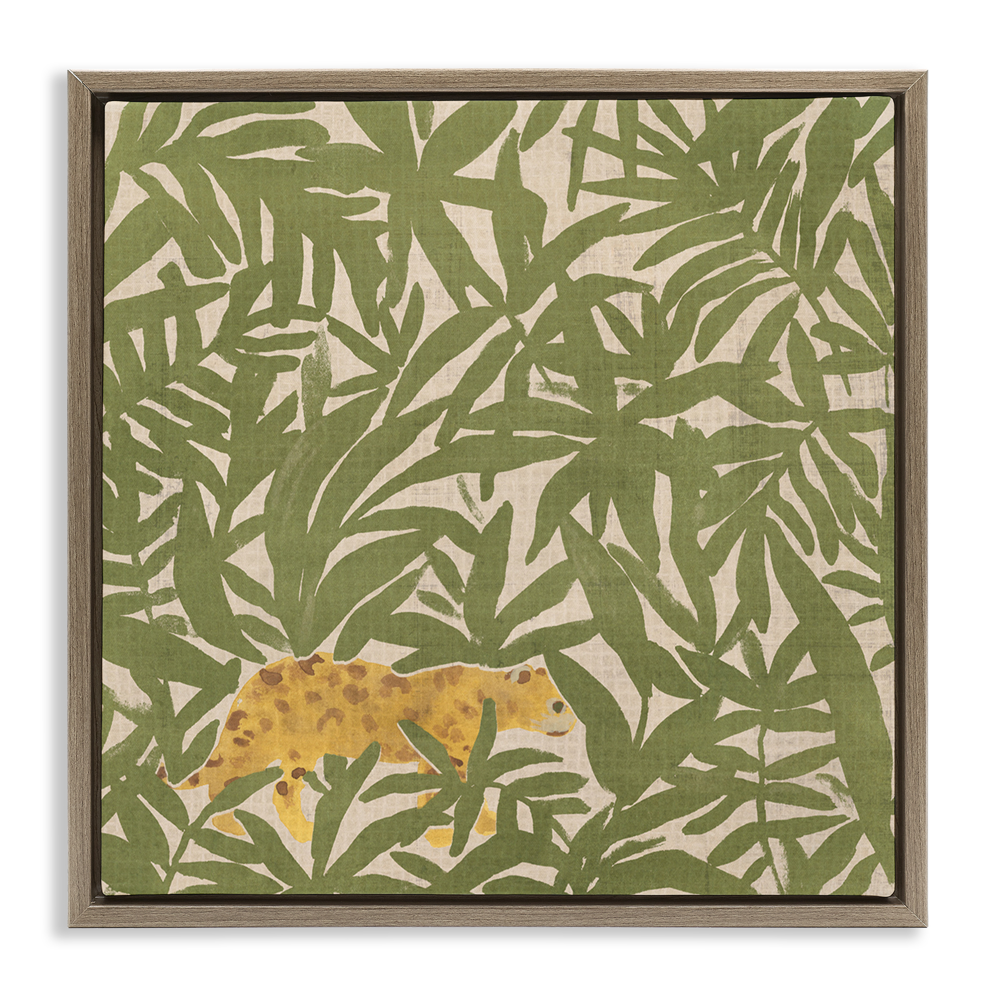 Stupell Industries Prowling Cheetah in Plants Botanical & Floral Painting Brown Floater Framed Canvas Art Print Wall Art, 18 x 18