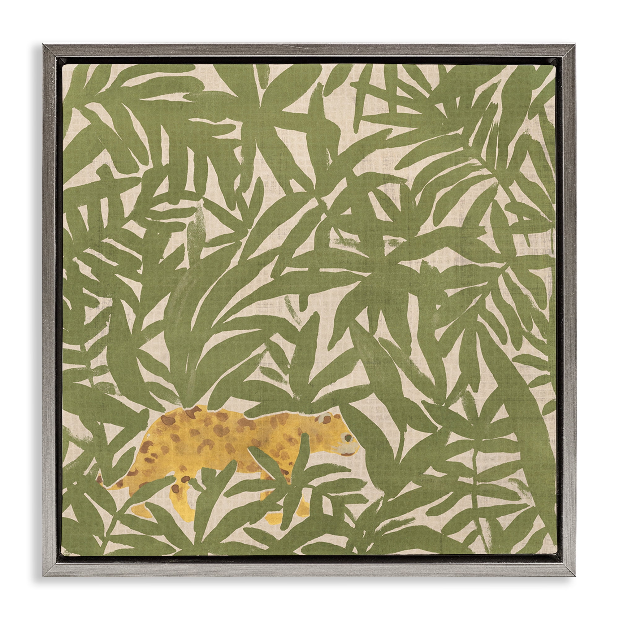 Stupell Industries Prowling Cheetah in Plants Botanical & Floral Painting Gray Floater Framed Canvas Art Print Wall Art, 25 x 25