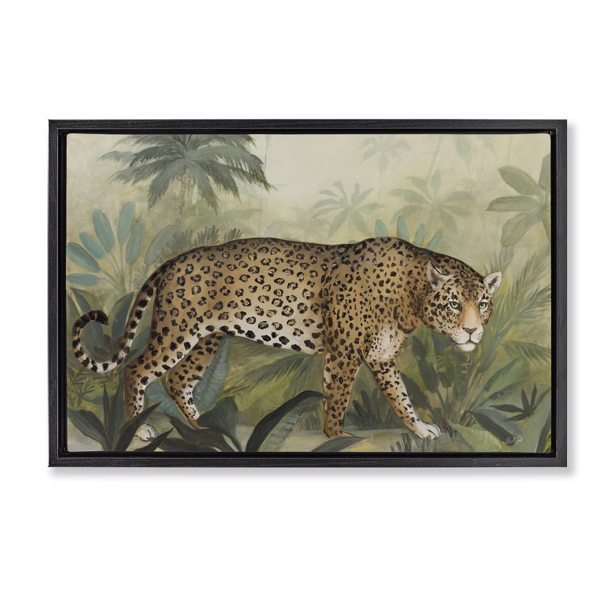Stupell Industries Prowling Leopard in Forest Landscape Painting Black Floater Framed Canvas Art Print Wall Art, 31 x 21
