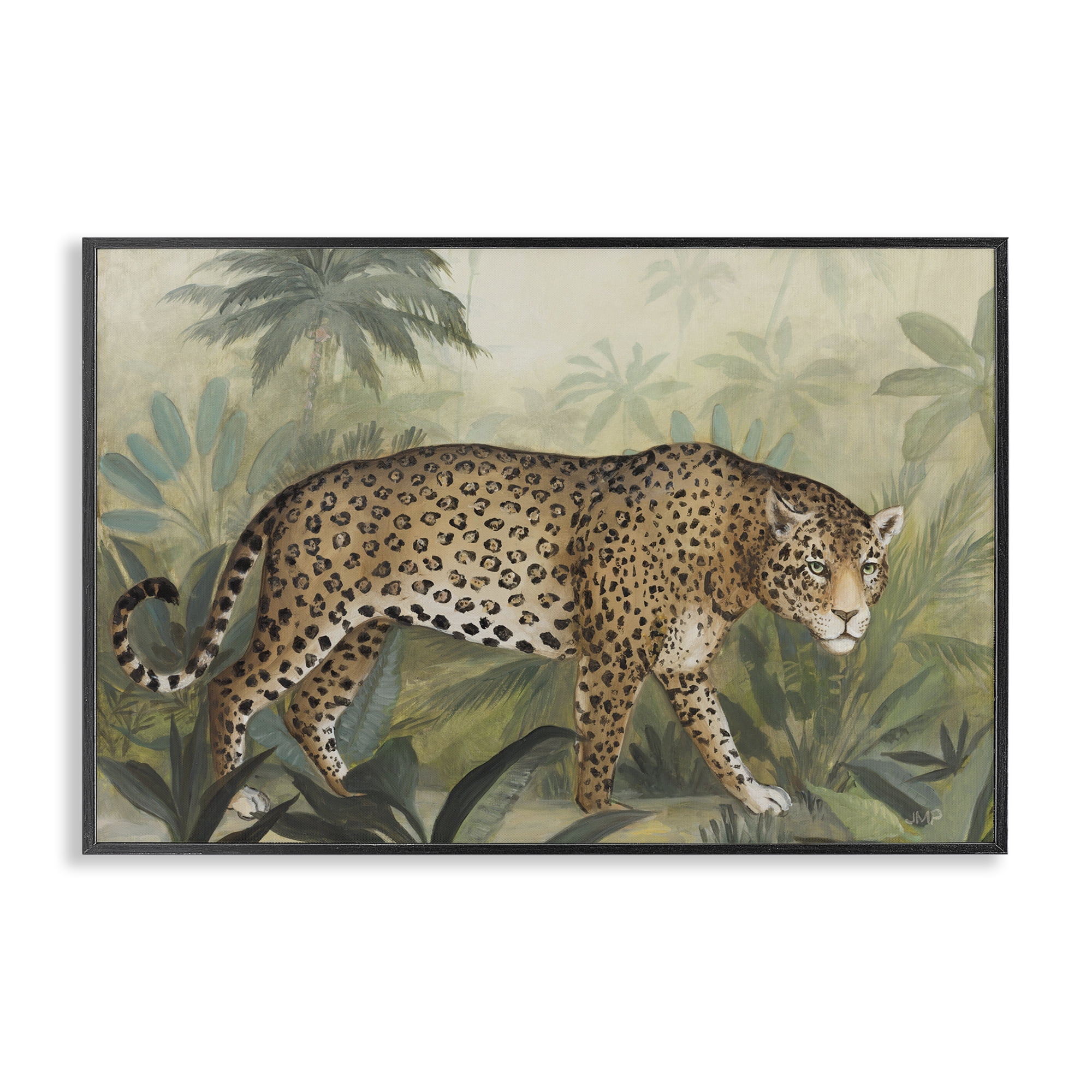 Stupell Industries Prowling Leopard in Forest Landscape Painting Black Framed Art Print Wall Art, 18 x 12