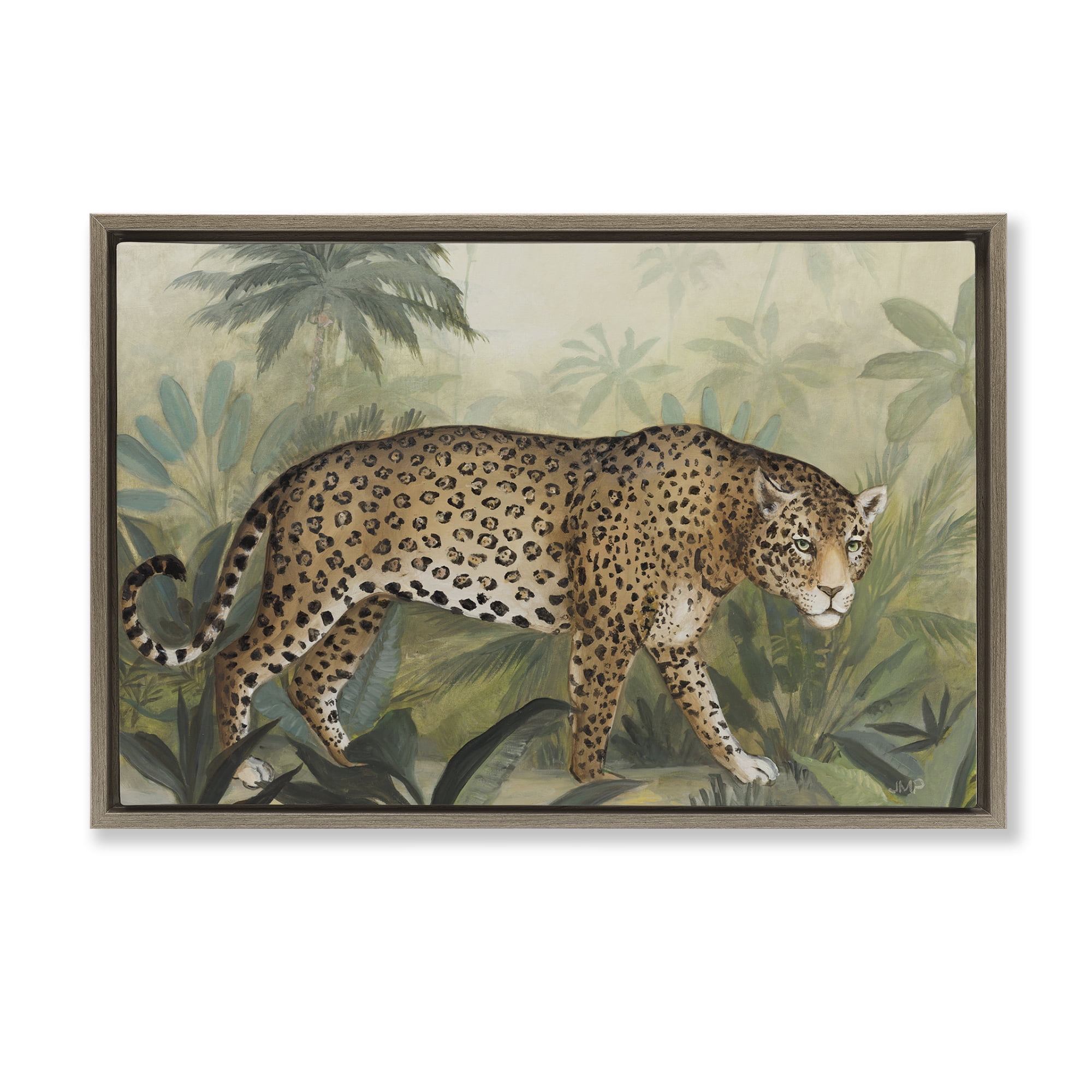 Prowling Leopard in Forest Landscape Brown Framed Canvas Art Print, 25 x 17
