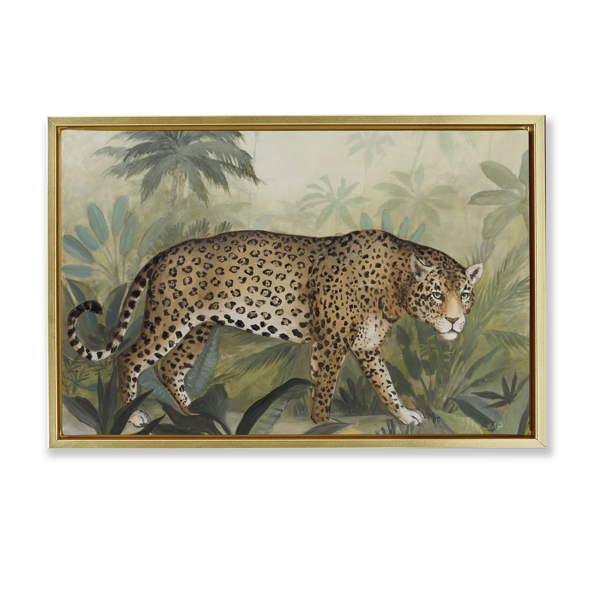 Stupell Industries Prowling Leopard in Forest Landscape Painting Gold Floater Framed Canvas Art Print Wall Art, 31 x 21