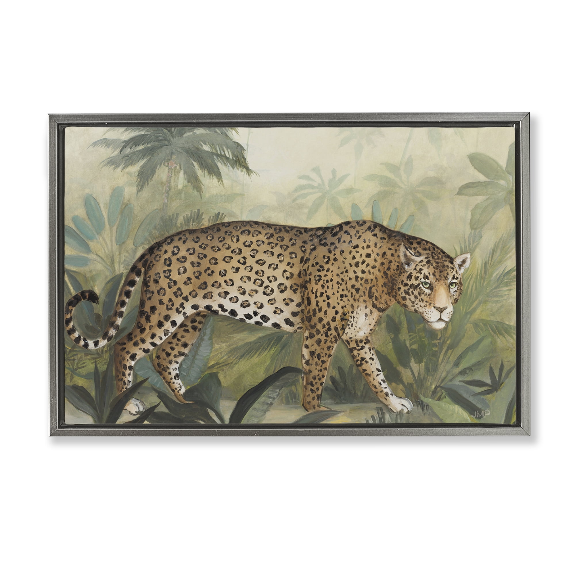 Stupell Industries Prowling Leopard in Forest Landscape Painting Gray Floater Framed Canvas Art Print Wall Art, 31 x 21