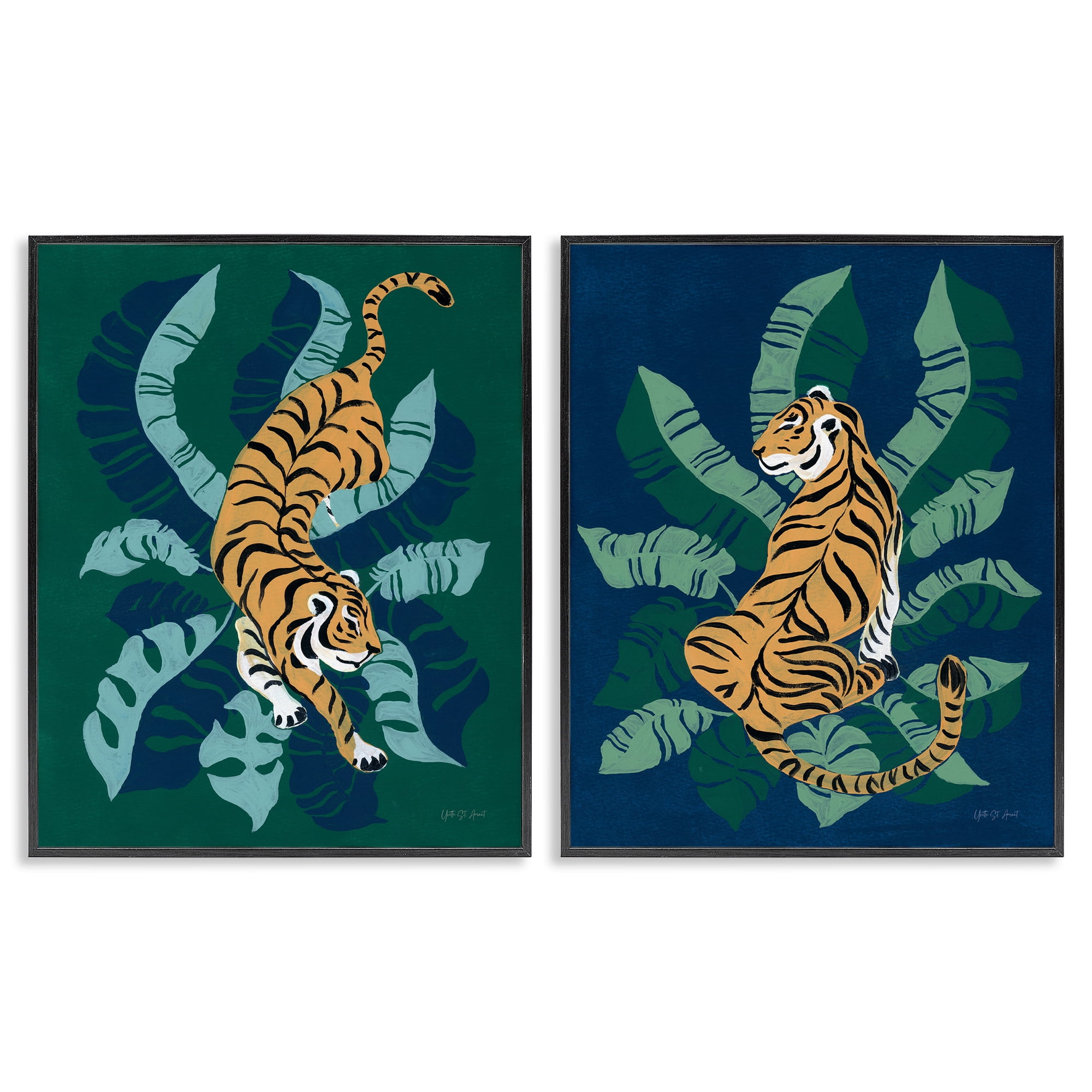 Stupell Industries Prowling Tiger Sitting Tiger Jungle Animals Painting Black Framed Art Print Wall Art, 11 x 14, Set of 2