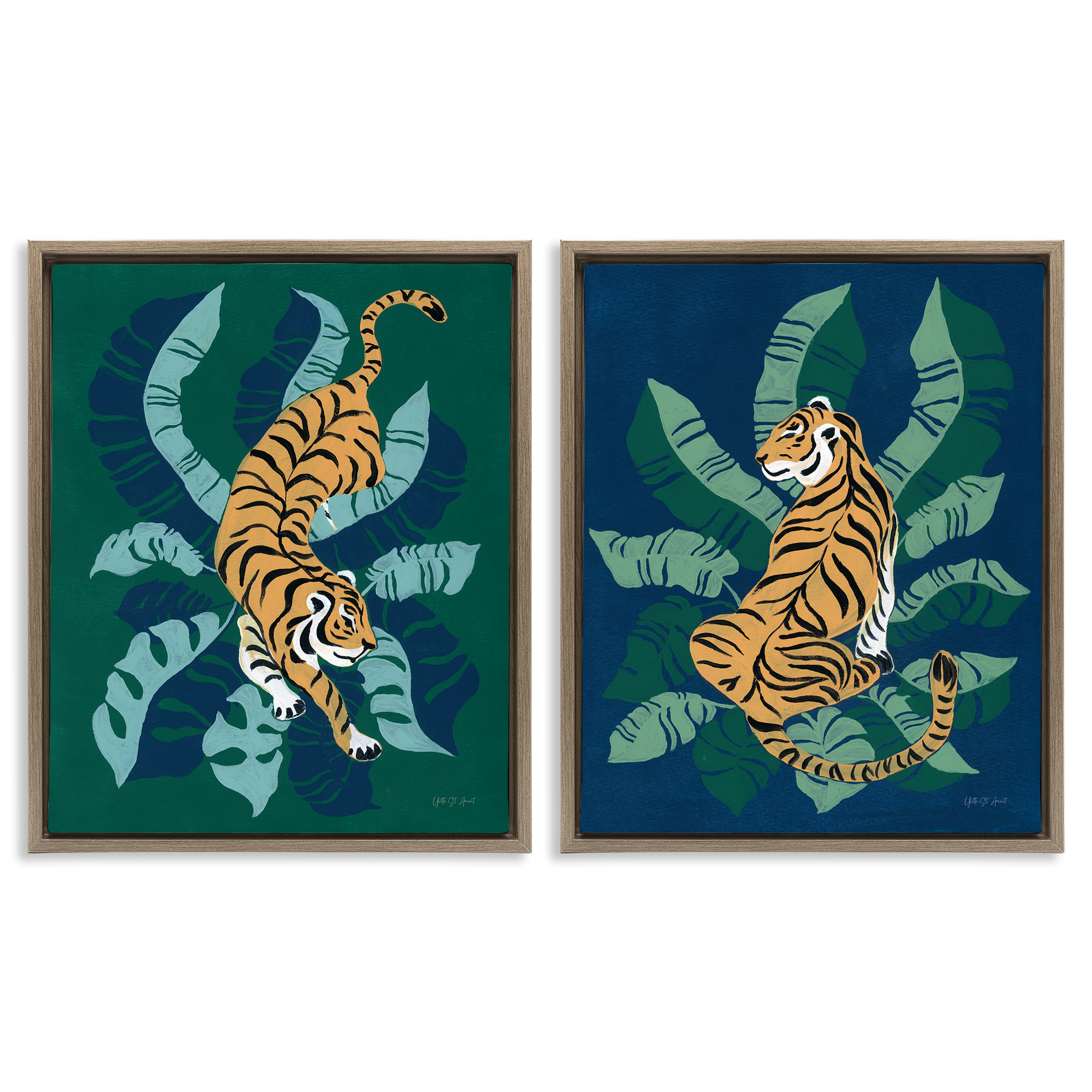 Stupell Industries Prowling Tiger Sitting Tiger Jungle Animals Painting Brown Floater Framed Canvas Art Print Wall Art, 31 x 25, Set of 2