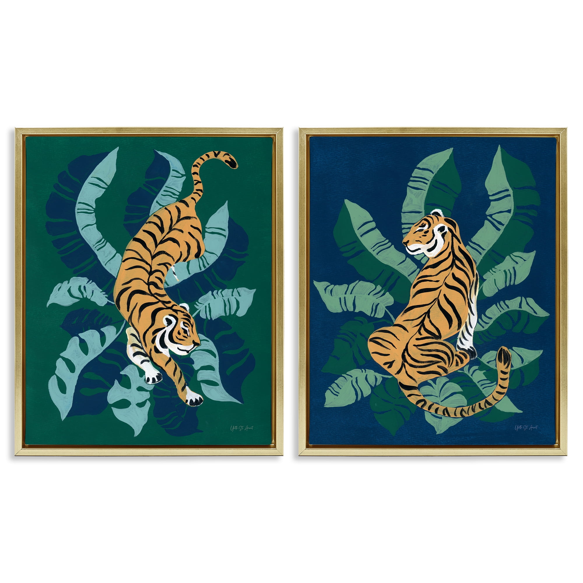 Stupell Industries Prowling Tiger Sitting Tiger Jungle Animals Painting Gold Floater Framed Canvas Art Print Wall Art, 31 x 25, Set of 2