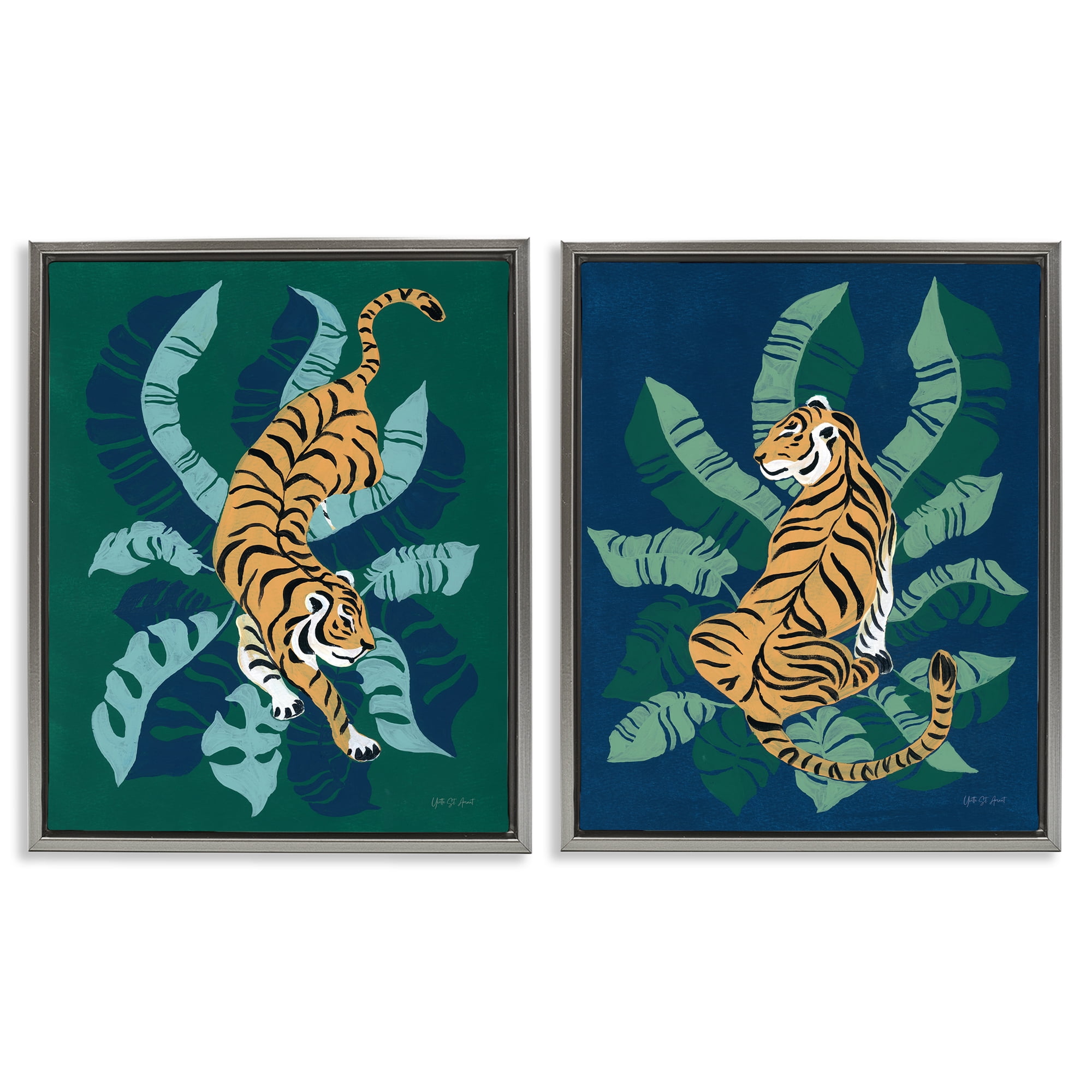 Stupell Industries Prowling Tiger Sitting Tiger Jungle Animals Painting Gray Floater Framed Canvas Art Print Wall Art, 17 x 21, Set of 2