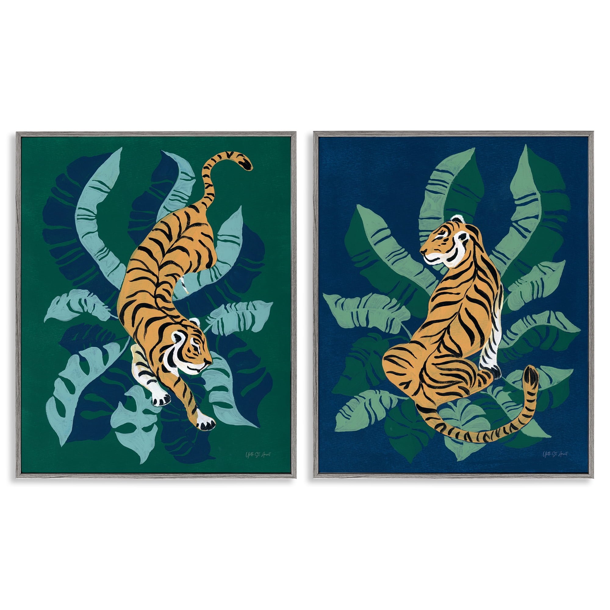 Stupell Industries Prowling Tiger Sitting Tiger Jungle Animals Painting Gray Framed Art Print Wall Art, 11 x 14, Set of 2