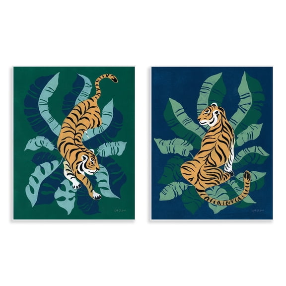 Stupell Industries Prowling Tiger Sitting Tiger Jungle Animals Painting Unframed Art Print Wall Art, 11 x 14, Set of 2