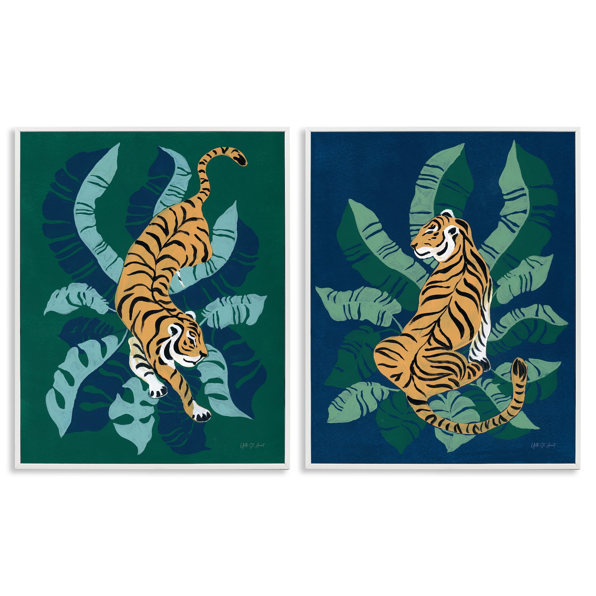 Stupell Industries Prowling Tiger Sitting Tiger Jungle Animals Painting White Framed Art Print Wall Art, 16 x 20, Set of 2
