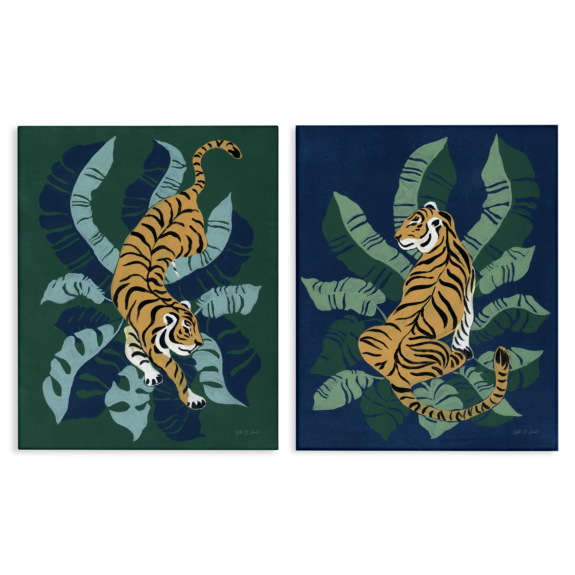 Stupell Industries Prowling Tiger Sitting Tiger Jungle Animals Painting Wrapped Canvas Art Print Wall Art, 24 x 30, Set of 2