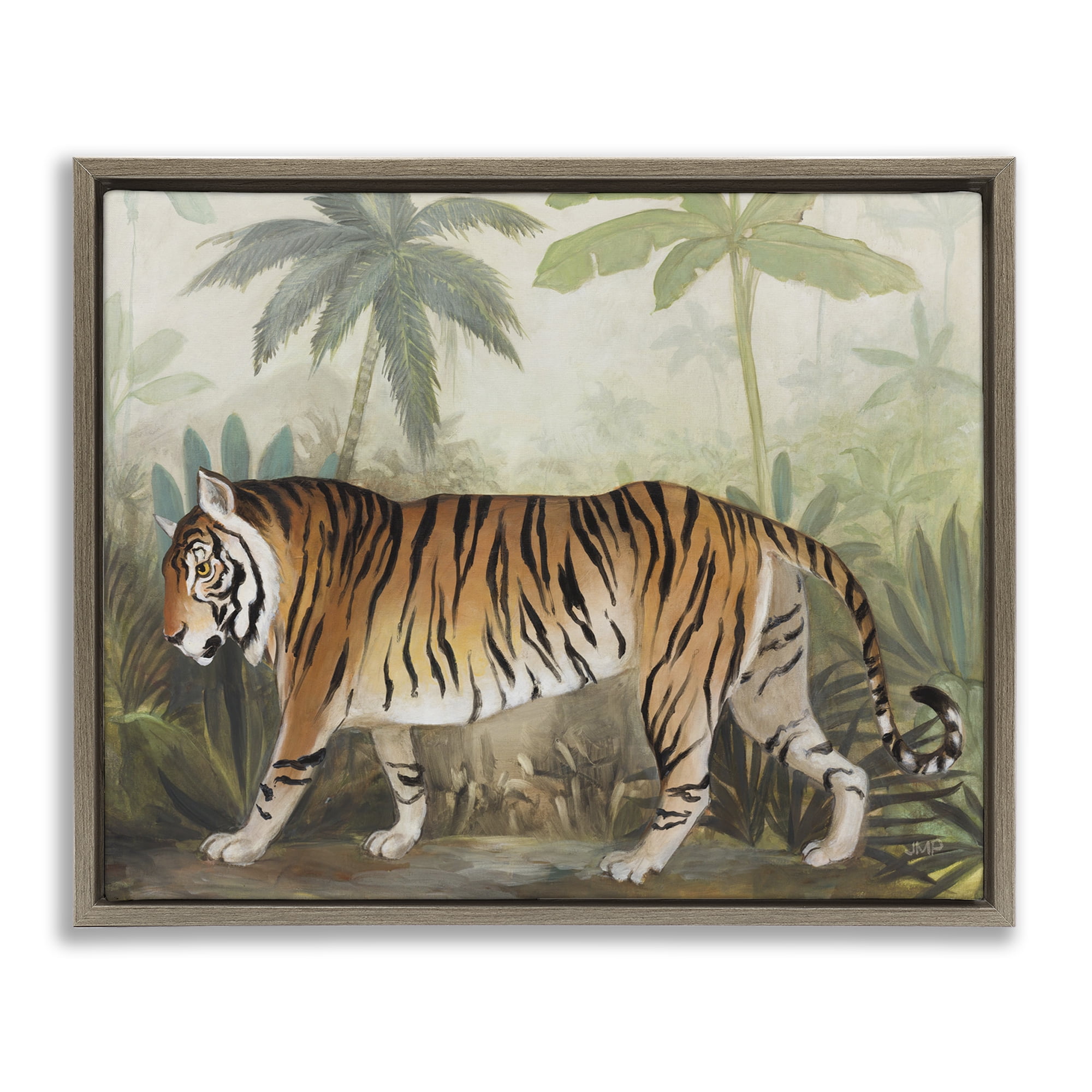 Stupell Industries Prowling Tiger in Forest Landscape Painting Brown Floater Framed Canvas Art Print Wall Art, 21 x 17