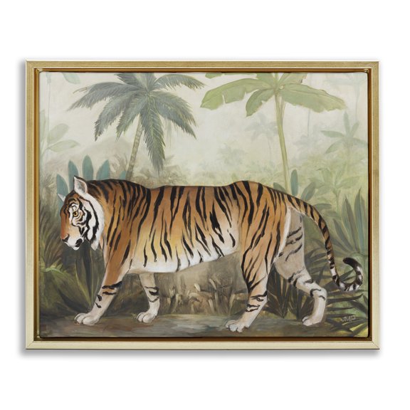 Stupell Industries Prowling Tiger in Forest Landscape Painting Gold Floater Framed Canvas Art Print Wall Art, 31 x 25