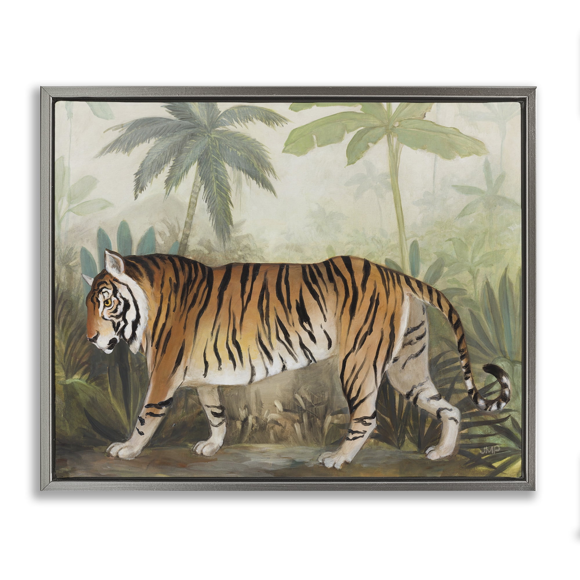Stupell Industries Prowling Tiger in Forest Landscape Painting Gray Floater Framed Canvas Art Print Wall Art, 21 x 17