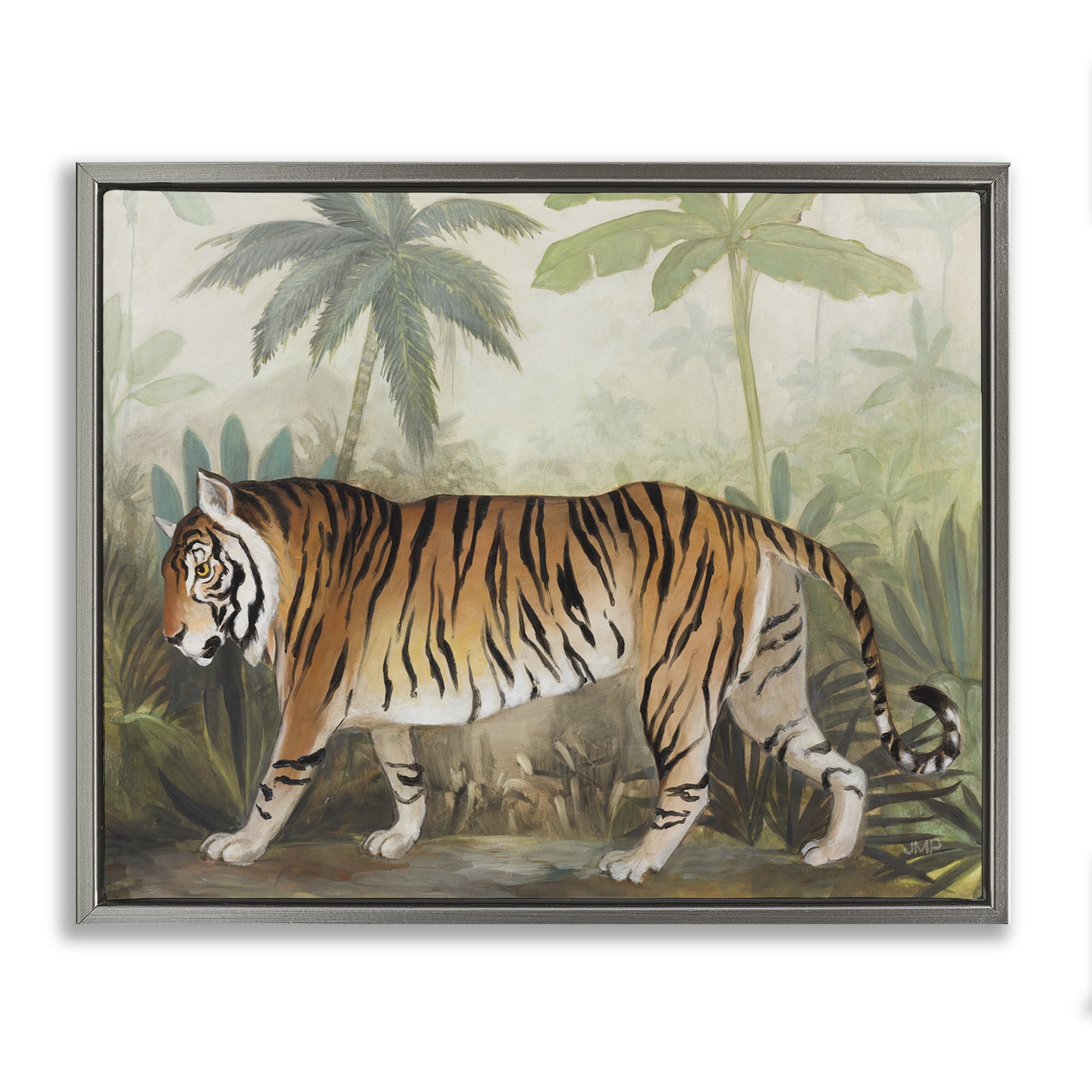 Stupell Industries Prowling Tiger in Forest Landscape Painting Gray Floater Framed Canvas Art Print Wall Art, 31 x 25