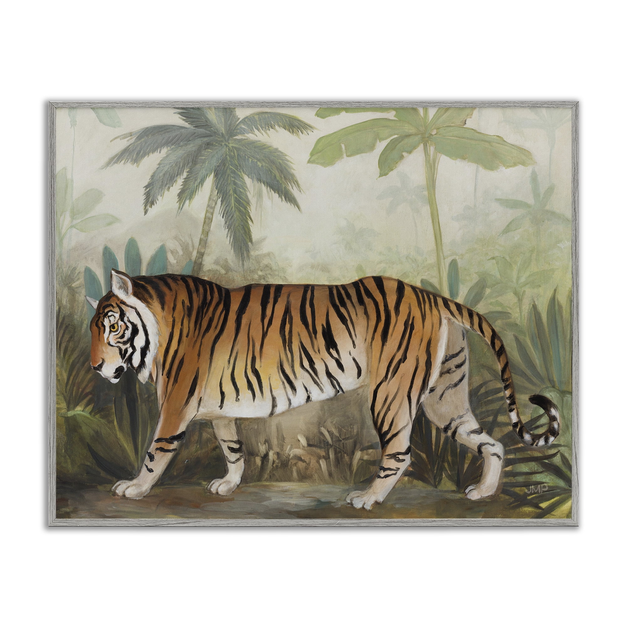 Stupell Industries Prowling Tiger in Forest Landscape Painting Gray Framed Art Print Wall Art, 30 x 24