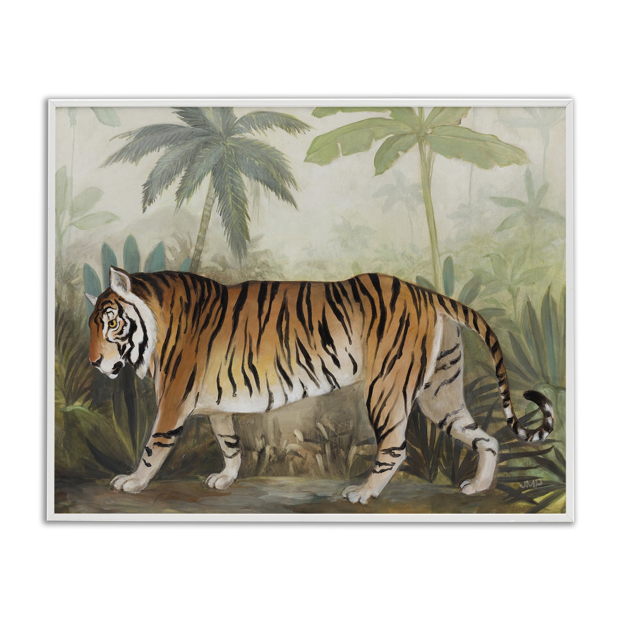Stupell Industries Prowling Tiger in Forest Landscape Painting White Framed Art Print Wall Art, 14 x 11