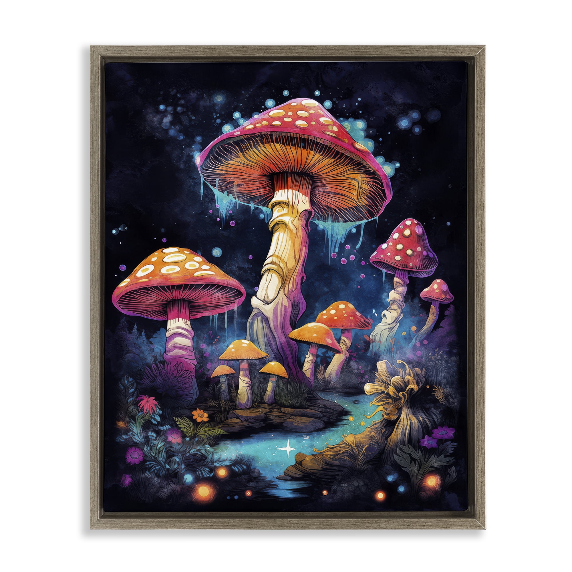 Stupell Industries Psychedelic Mushroom Scene Landscape & Nature Painting Brown Floater Framed Canvas Art Print Wall Art, 17 x 21