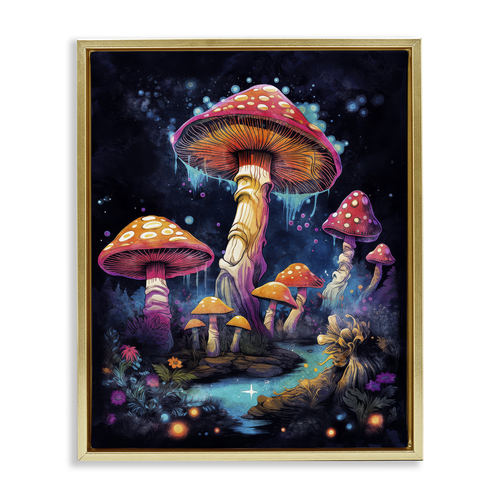 Stupell Industries Psychedelic Mushroom Scene Landscape & Nature Painting Gold Floater Framed Canvas Art Print Wall Art, 17 x 21