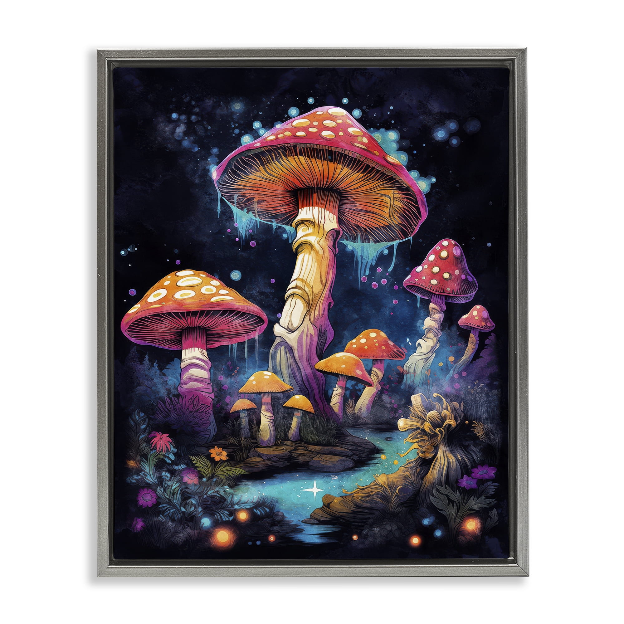 Stupell Industries Psychedelic Mushroom Scene Landscape & Nature Painting Gray Floater Framed Canvas Art Print Wall Art, 25 x 31