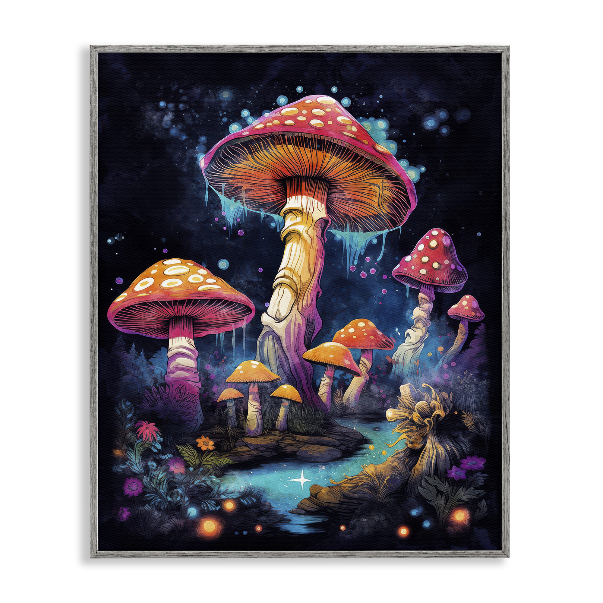 Stupell Industries Psychedelic Mushroom Scene Landscape & Nature Painting Gray Framed Art Print Wall Art, 24 x 30
