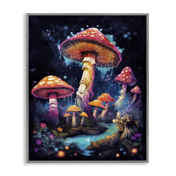 Stupell Industries Psychedelic Mushroom Scene Landscape & Nature Painting Gray Framed Art Print Wall Art, 24 x 30