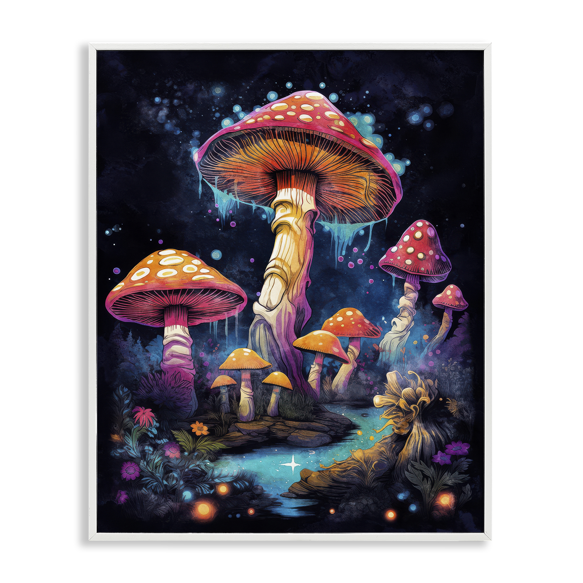Stupell Industries Psychedelic Mushroom Scene Landscape & Nature Painting White Framed Art Print Wall Art, 16 x 20
